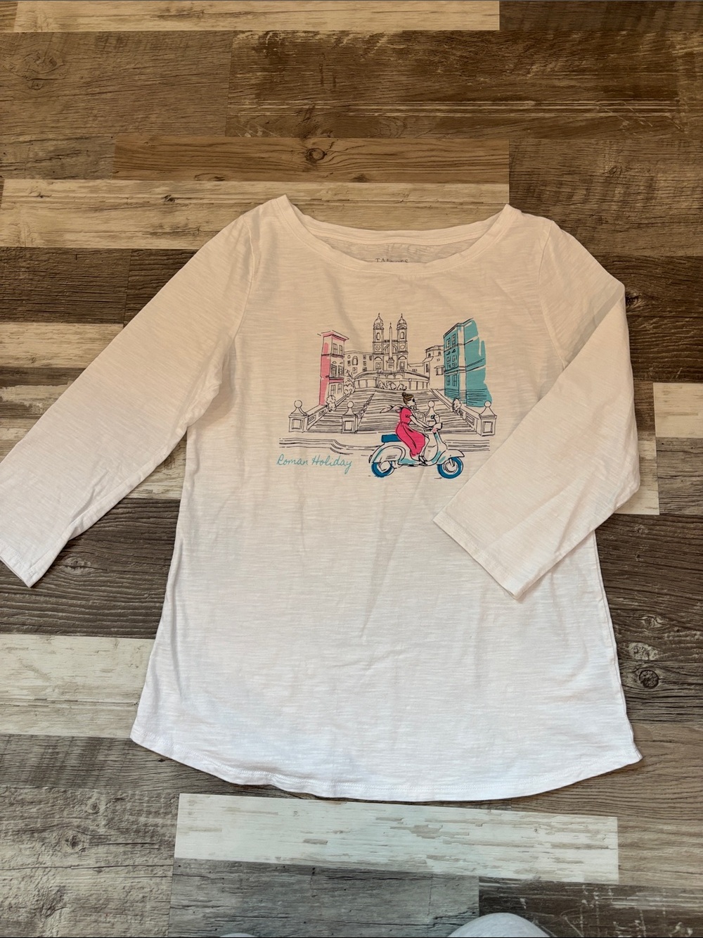 Talbots White 3/4 Tee with Scooter City Graphic